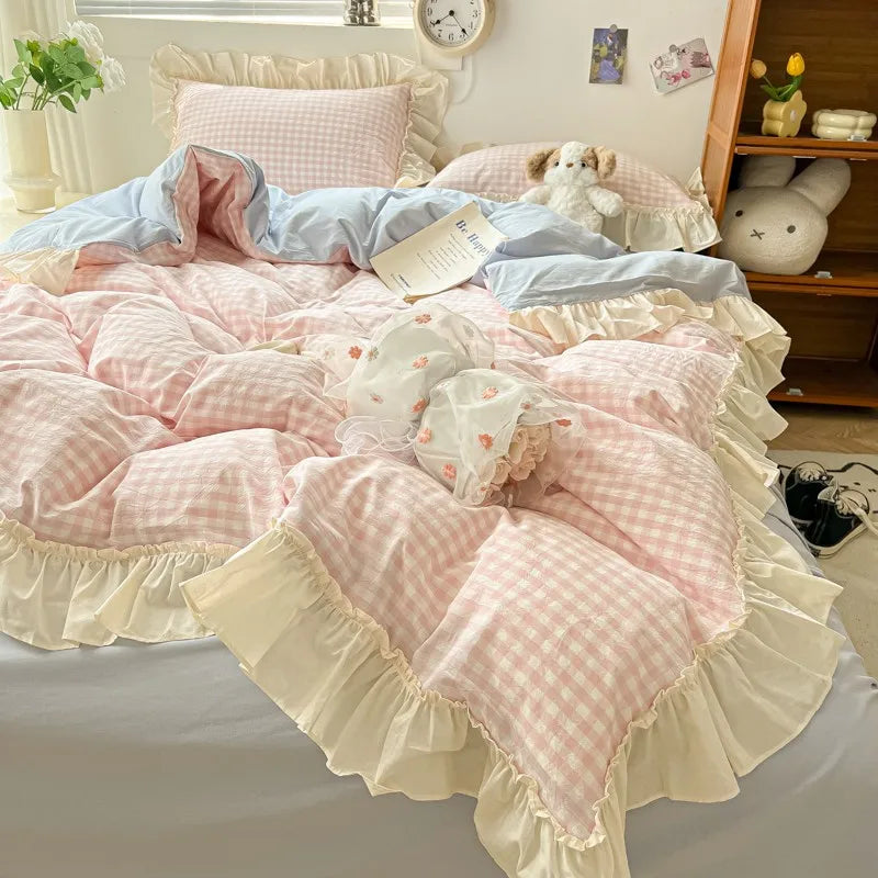 Oklulu Ruffled Pink Blue Duvet Cover Set Twin Queen Washed Microfiber Ultra Soft Bedding set Grid Duvet Cover Bed Sheet 2 Pillowcases