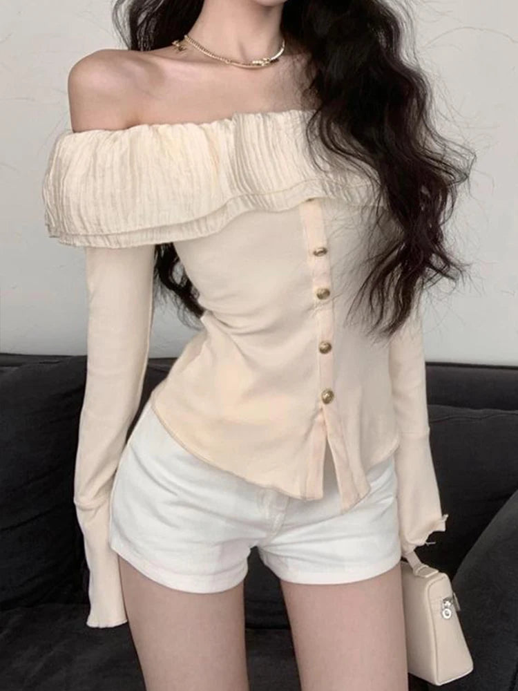 Oklulu Off Shoulder T Shirt Women Y2K Sexy Long Sleeve Top Female Hot Sweet Fashion Slash Neck Tee Lady Korean Style Ruffle Slim T-Shirt