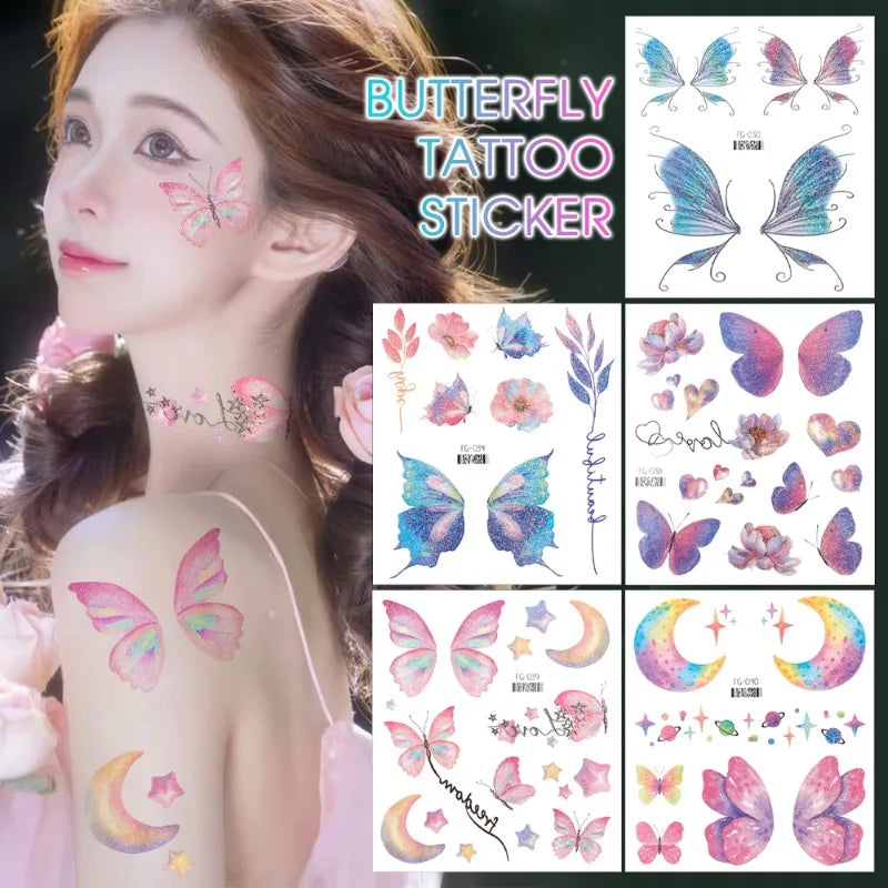 OKLULU  -  3D Fairy Butterfly Wings Shiny Tattoo Sticker Waterproof Eyes Face Body Art Fake Tattoos For Women Makeup Dance Music Festival