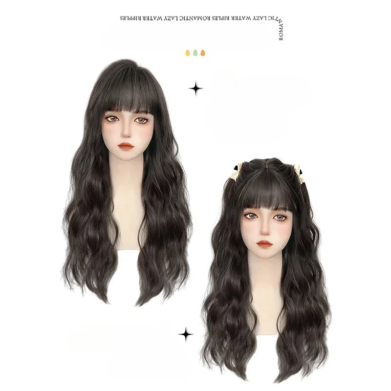 OKLULU  -  Black Long water Wave Wig with bangs for Women daily party Cosplay Lolita Natural Hair Heat Resistant Synthetic wigs Headband