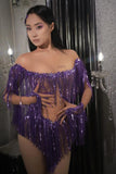 Sparkly Rhinestones Sequins Fringes Leotard Sexy Transparent Celebrate Evening Prom Dress Birthday Party Dance Costume