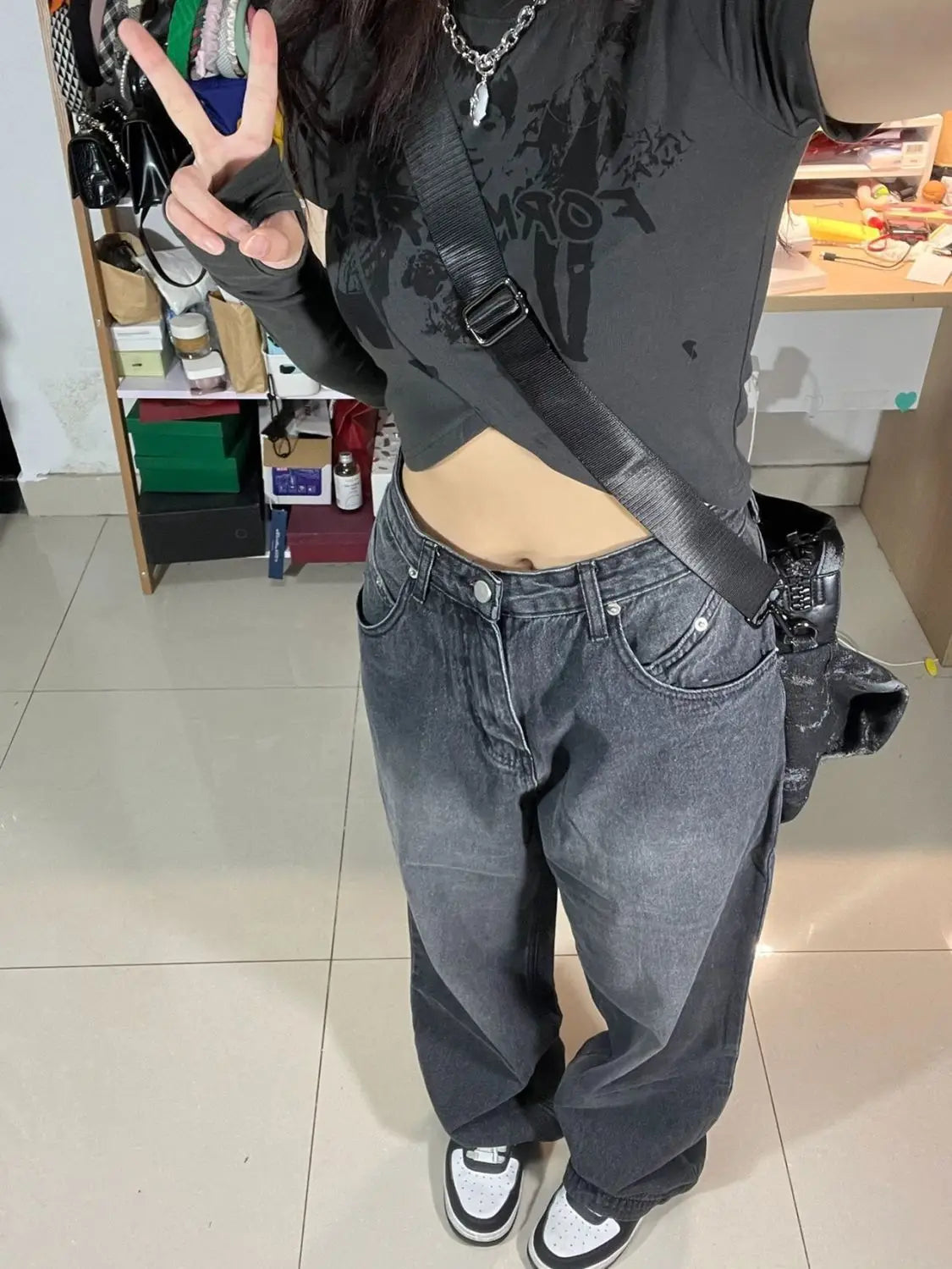 Oklulu  Vintage Black Baggy Jeans Women Korean Street wear Oversize Harajuku High Waist Pants Grunge Y2K Denim Wide Leg Trousers