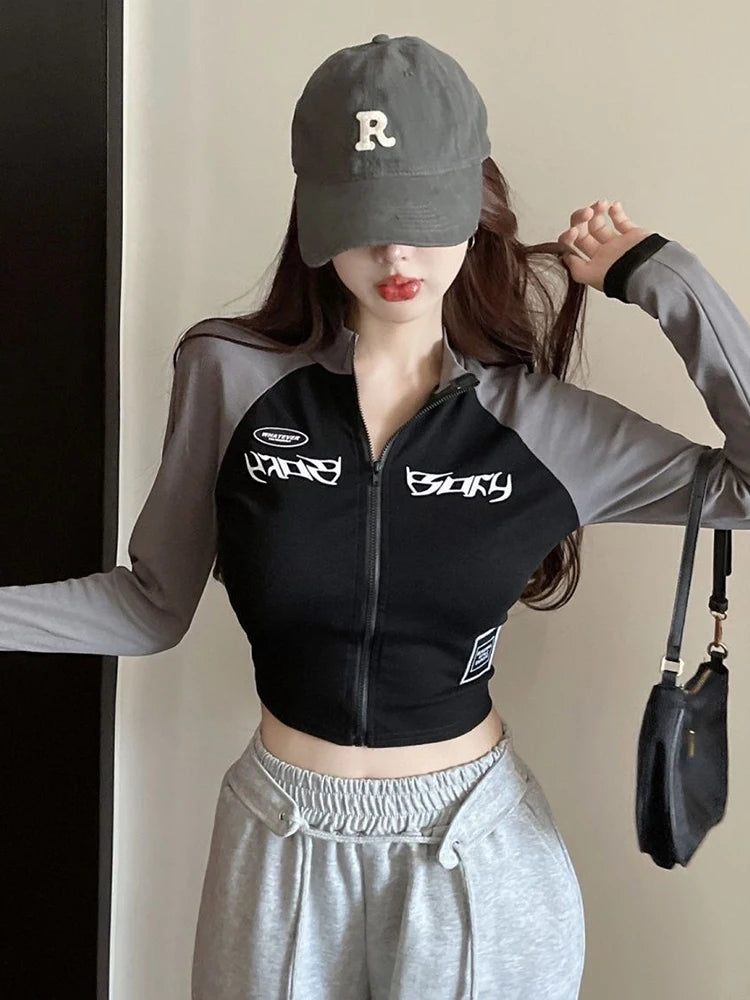 Oklulu Punk Style Shirt Women Stitched Crop Top Zip Up Skinny Long Sleeve T-shirts Women Streetwear Casual Slim Fit Tee Y2k Top