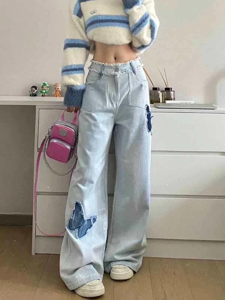 OKLULU  -  Blue Jeans Plus Size Women Y2k Fashion Loose Butterfly Patchwork Causal High Waist Denim Pants Streetwear Retro Bottoms