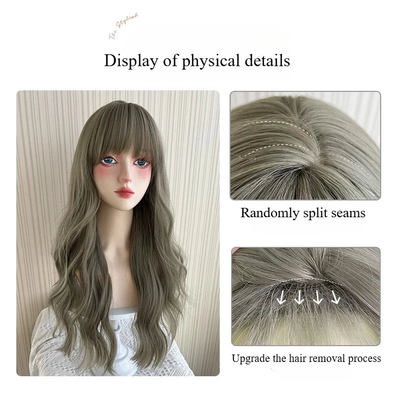 OKLULU  -  Wig Long water Wave Cold brown with Bangs Cosplay Silky Wig for Women Daily Party Natural Soft Synthetic Hair Heat Resistant 여장