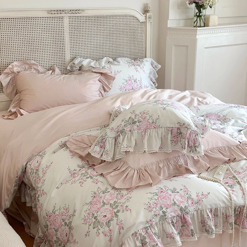 Luxury Vintage French Rose Flowers Print Lace Ruffles Bedding Set 1000TC Egyptian Cotton Duvet Cover Set Bed Sheet Pillowcases