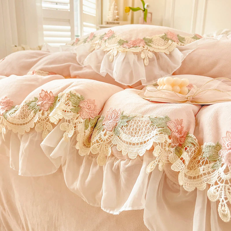 Pink Super Soft Velvet Fleece Luxury Princess Bedding Set Flowers Embroidery Lace Ruffles Duvet Cover Set Bed Sheet Pillowcase