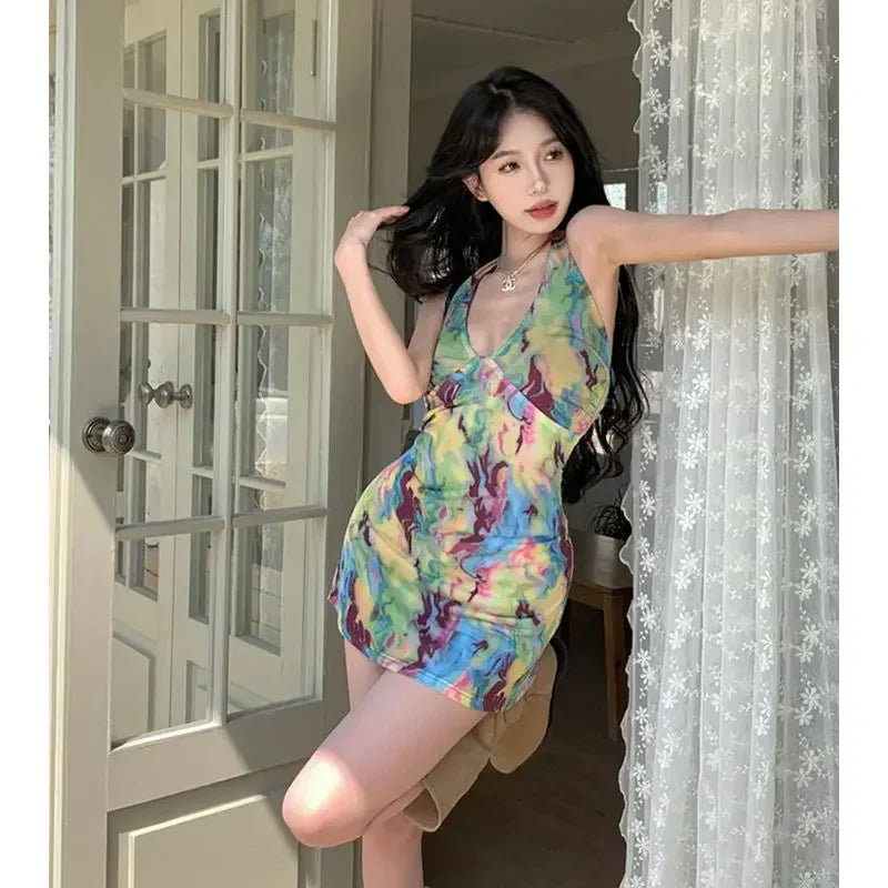 OKLULU  -  Hot Girl Purple Smudged Halterneck Holiday Dress Women's 2024 Summer New Female Backpack Hip Short Clothing Party Formal Dresses