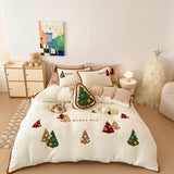 OKLULU  -  4Pcs Winter Berber Fleece and Milk Velvet Christmas Tree Embroidery Bedding Set Duvet Cover Bed Sheet Pillowcases Christmas Gift