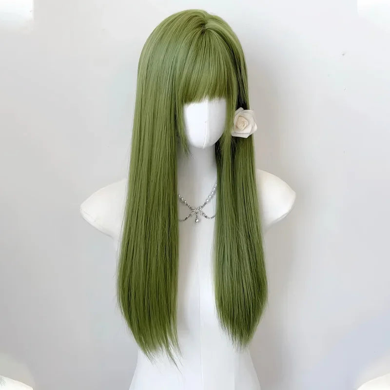 OKLULU  -  Long Silky Straight Synthetic wigs green Cosplay Party Lolita Wig with bangs for Daily party Women Natural Heat Resistant wig