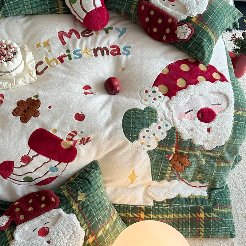 OKLULU  -  3/4Pcs Cute Santa Claus Embroidery Winter Warm Milk Velvet Bedding Set Single Duvet Cover Bed Sheet Pillowcases Christmas Gifts