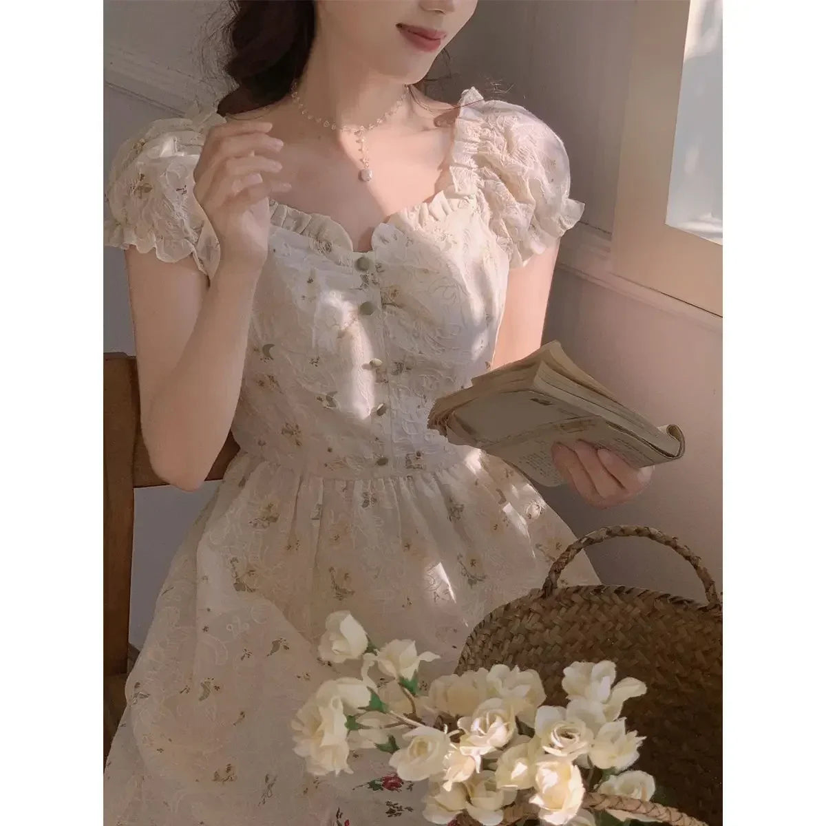 OKLULU  -  Women French Style Square Neck Puff Sleeves Dress 2024 Summer New Gentle Retro Fairy Forest Style Long Dresses Female