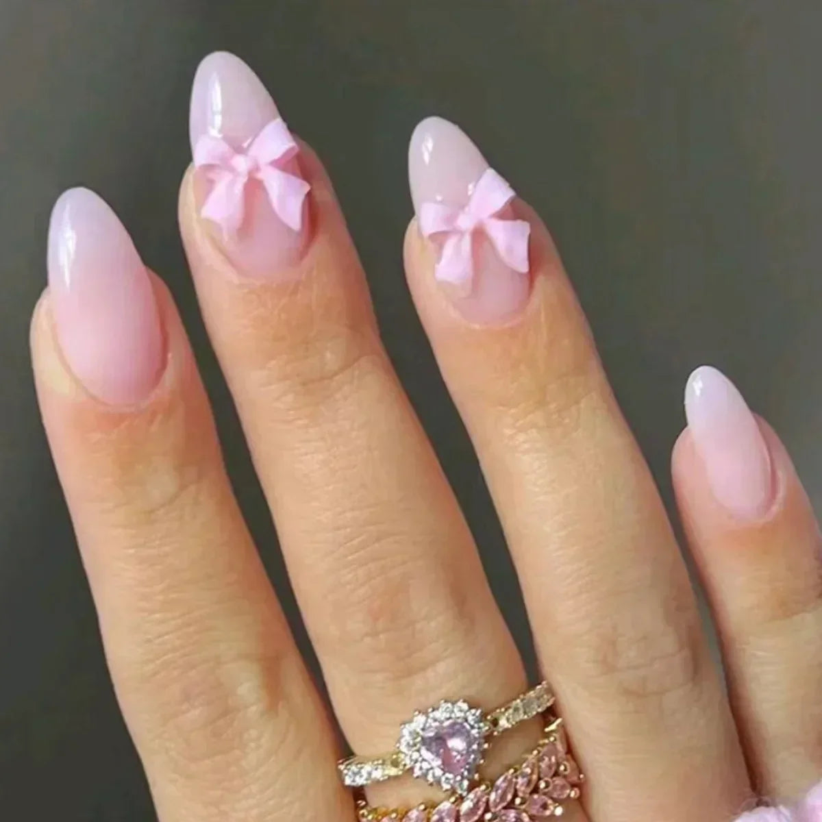 OKLULU  -  24pcs Sweet Pink False Nails Bow Heart Designs Cute Press on Nails Almond Detachable French Fake Nails Full Cover Nail Art Tips