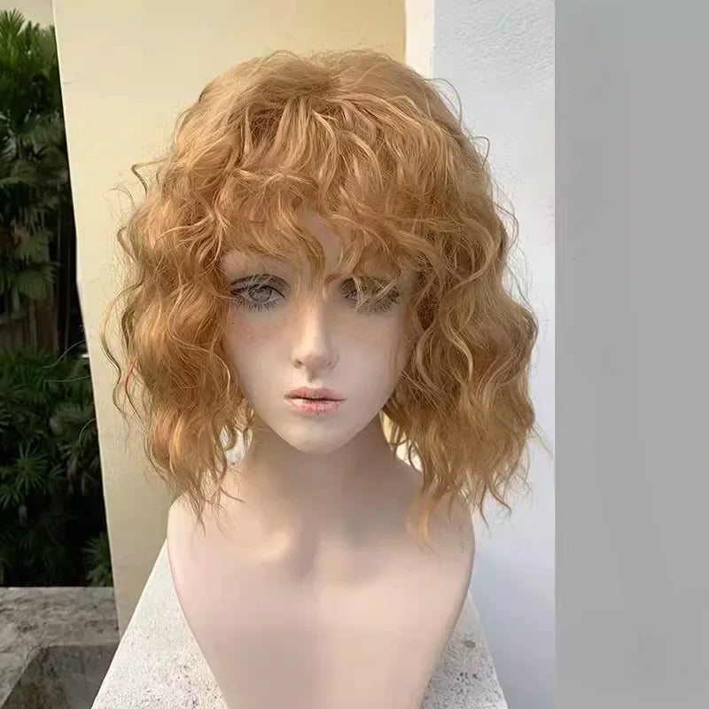 OKLULU  -  Curly wigs With Air Bangs Women's Short Bob Golden brown Curly Shoulder Length Bob Synthetic Cosplay Wig for women daily party