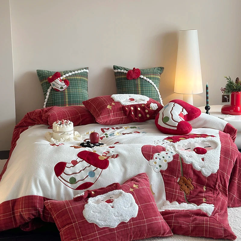 OKLULU  -  3/4Pcs Cute Santa Claus Embroidery Winter Warm Milk Velvet Bedding Set Single Duvet Cover Bed Sheet Pillowcases Christmas Gifts