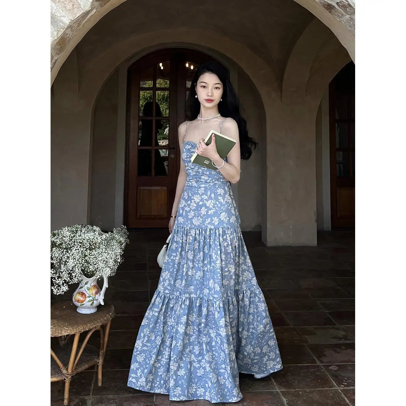 OKLULU  -  Blue Floral Suspender Dress Women's 2024 Summer New Holiday Female French Backless Long ElegAnd Party Korean Fashion Dresses.