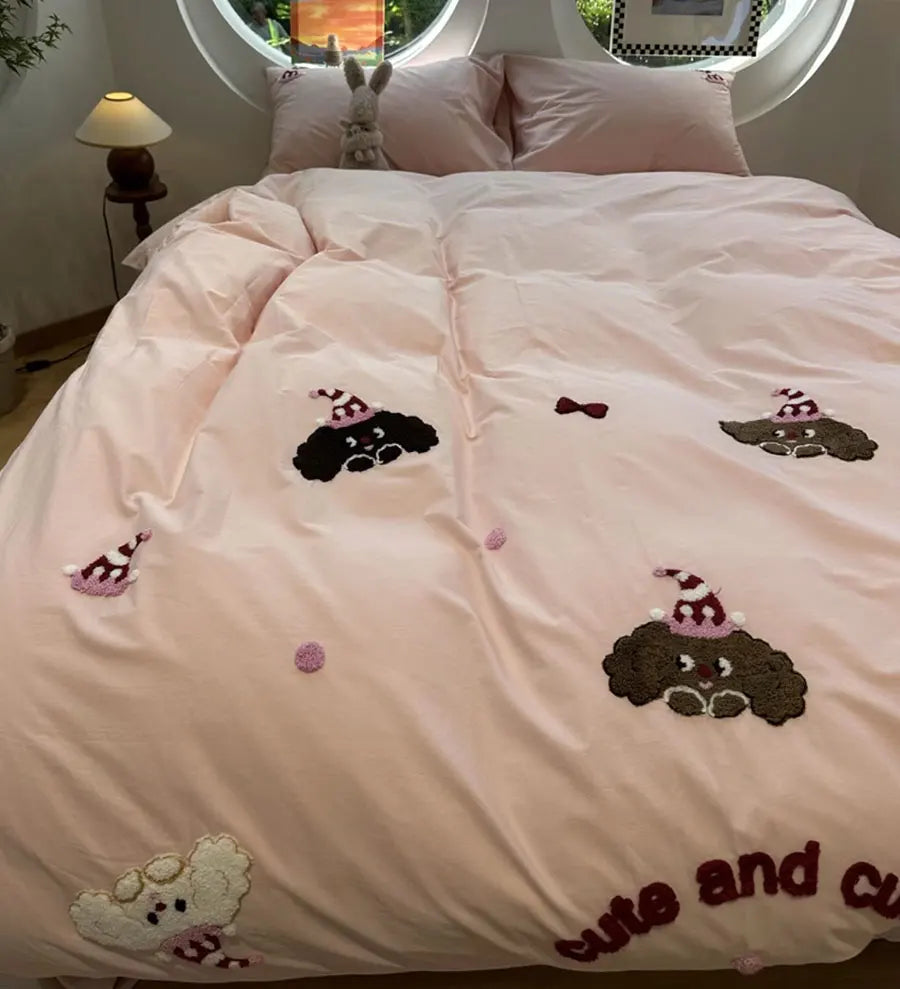 OKLULU  -  Cute Pink Dog Bedding Set 1.2 1.5 1.8 2.0 Teen,twin Full Queen King Lovely Cotton Home Textile Bed Sheet Pillow Case Quilt Cover