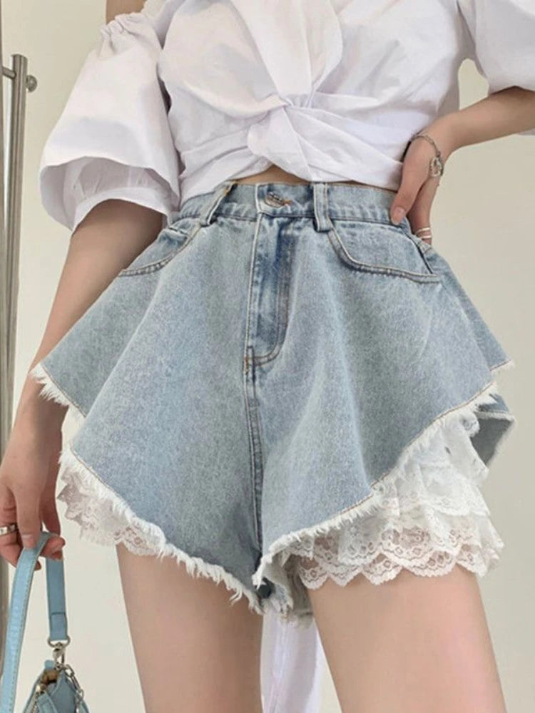 OKLULU  -  Blue Lace Denim Shorts Women Y2k Fashion Loose High Waist Korean Style Causal A-line Jeans Streetwear Retro Summer Pants