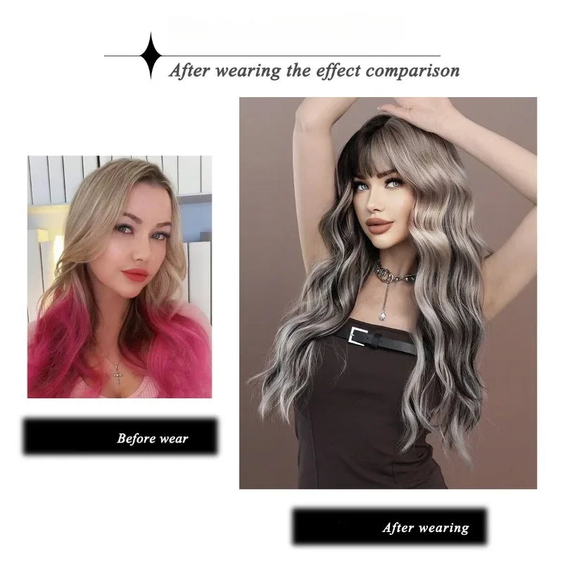 OKLULU  -  Synthetic Silver Ash Wavy wigs With Bangs Natural Soft Woven Body Long Curly Wig For Women Daily Party cosplay Costume Wigs