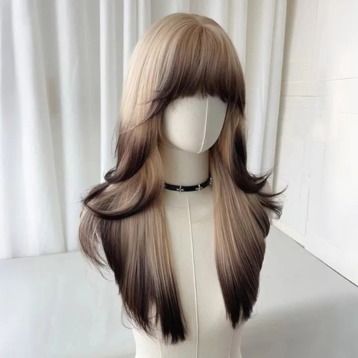 OKLULU  -  Wig Headband Wig Big Waves Siamese Cat Gradient Long Curly Hair Air Bangs Imitation Full Real Human Hair Cosplay Wig