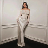 Oklulu  Grey Satin Evening Dress Mermaid Off The Shoulder Floor Length Prom Gowns Saudi Arabia bodycon Women Party Dress