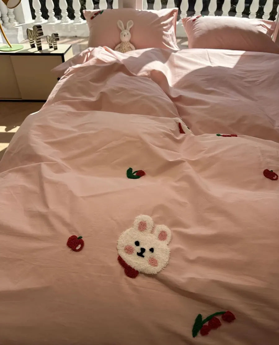 OKLULU  -  Cute Sweet Embroidery Rabbit Pink Bedding Set,twin Full Queen King Kawaii Cotton Home Textile Bed Sheet Pillow Case Quilt Cover