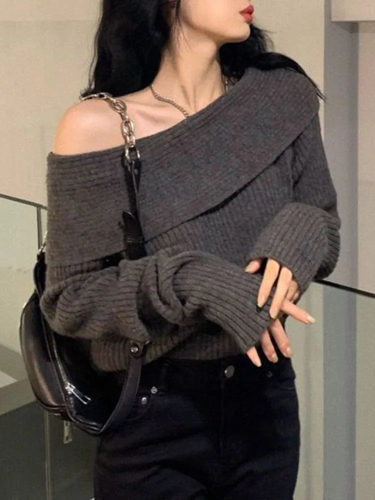 Oklulu Women Sweater Off Shoulder Knitted Pullovers Female Korean Fashion Sexy Slash Neck Knitwear Top Lady Autumn Winter Slim Jumpers