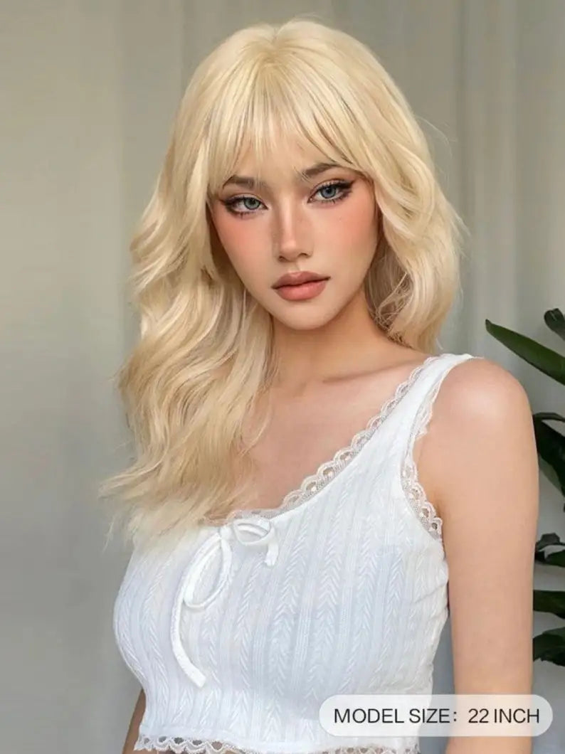 OKLULU  -  Long Curly Blonde Synthetic Wig with Bangs,Long Blonde Wig,Natural Looking Cosplay wigs for women human hair