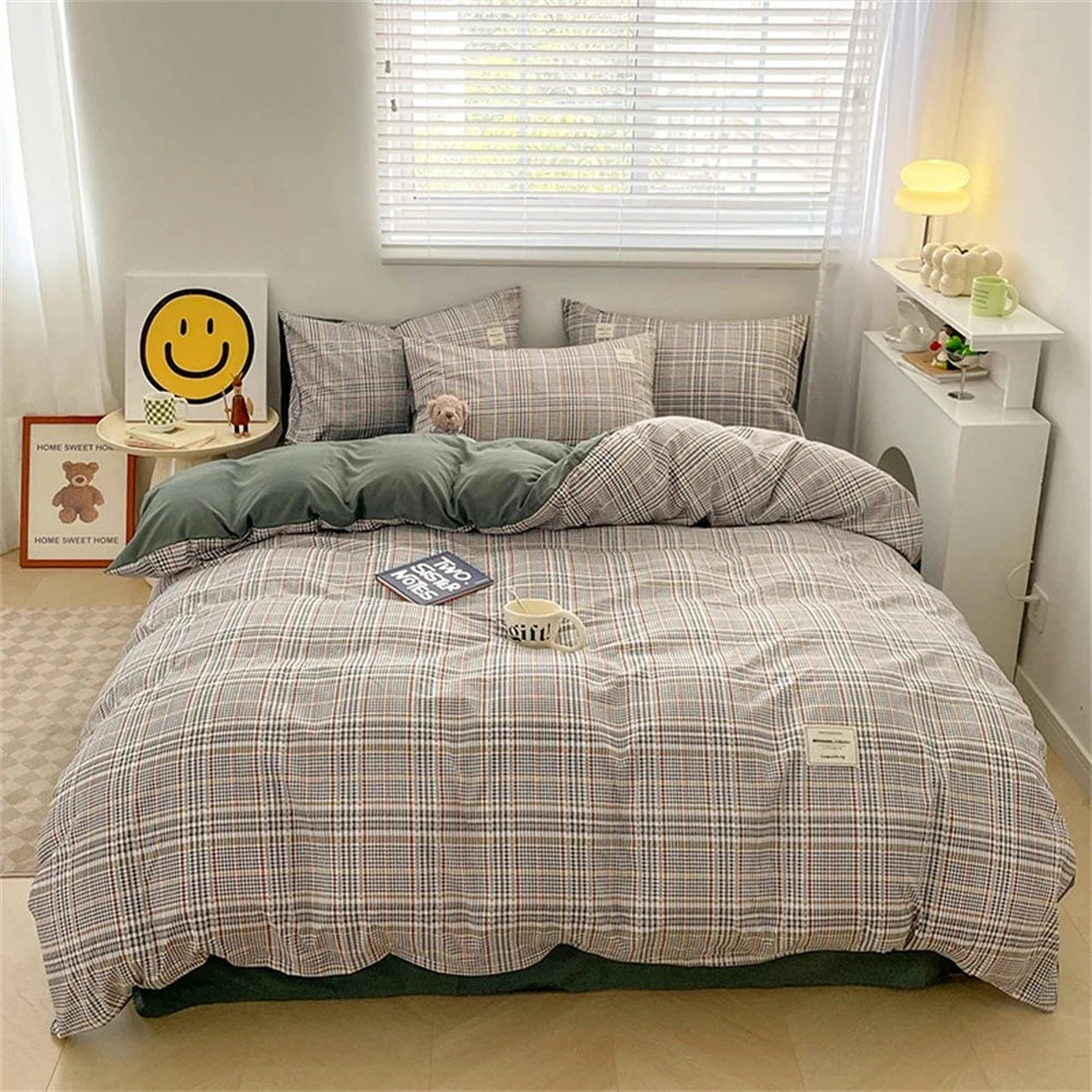 OKLULU  -  Japan Style Bedding Set Plaid Queen Size Duvet Cover Set With Sheets Bedroom Decor Skin Friendly King Single Double Bedding Sets