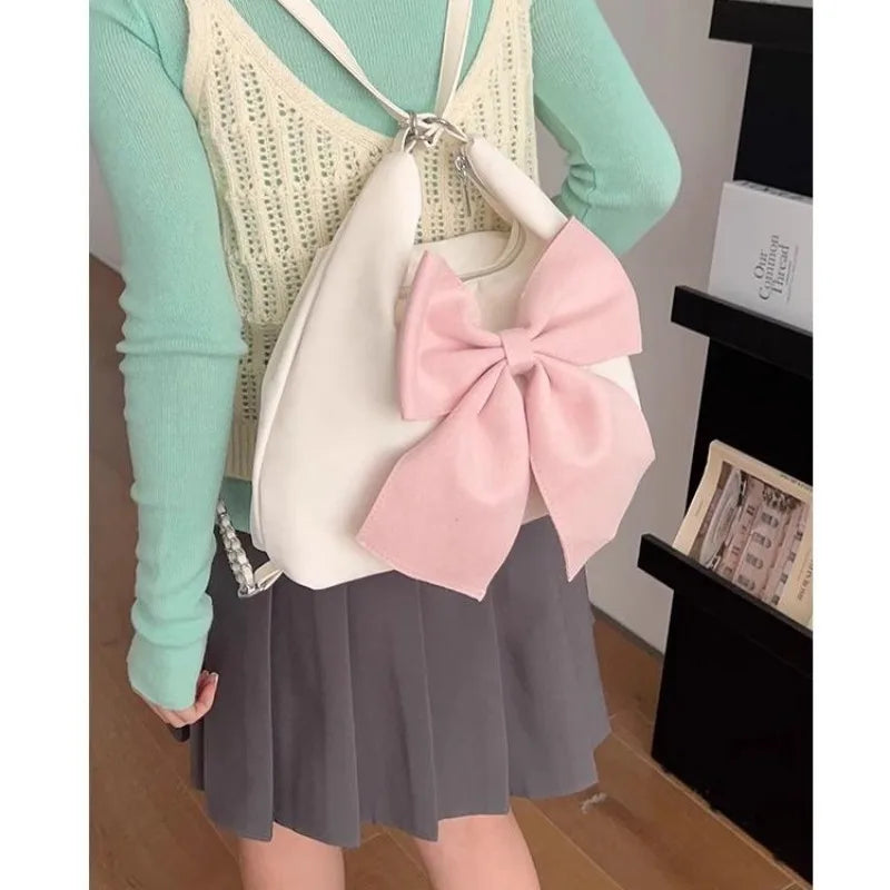 OKLULU  -  Pink Bow Womens Shoulder Bag Korean Style Fashion Large Capacity Sweet Backpack Cute Exquisite Elegant New Female Tote Bag