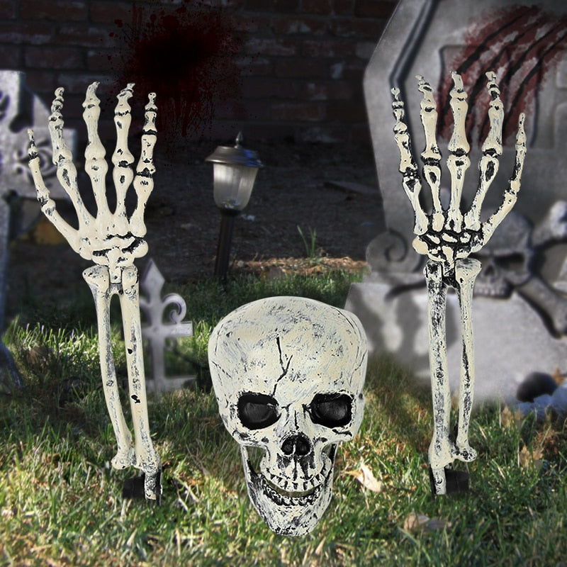 Halloween Realistic Skull Skeleton Head Human Hand Arms for Halloween Party Home Garden Lawn Decor Haunted House Horror Props