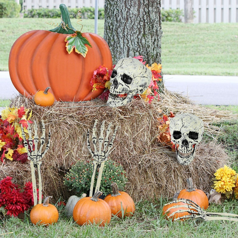 Halloween Realistic Skull Skeleton Head Human Hand Arms for Halloween Party Home Garden Lawn Decor Haunted House Horror Props