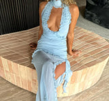 Sexy Sky Blue Evening Hot Party Dress For Beach Party Sheer Chiffon Deep V-Neck Cocktail Party Gown Ruffled Vestidos