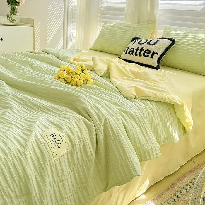 Oklulu New Korean Seersucker Washed Cotton Color Bed Sheet Summer Quilt Four-piece Double Bed Cooling Blanket