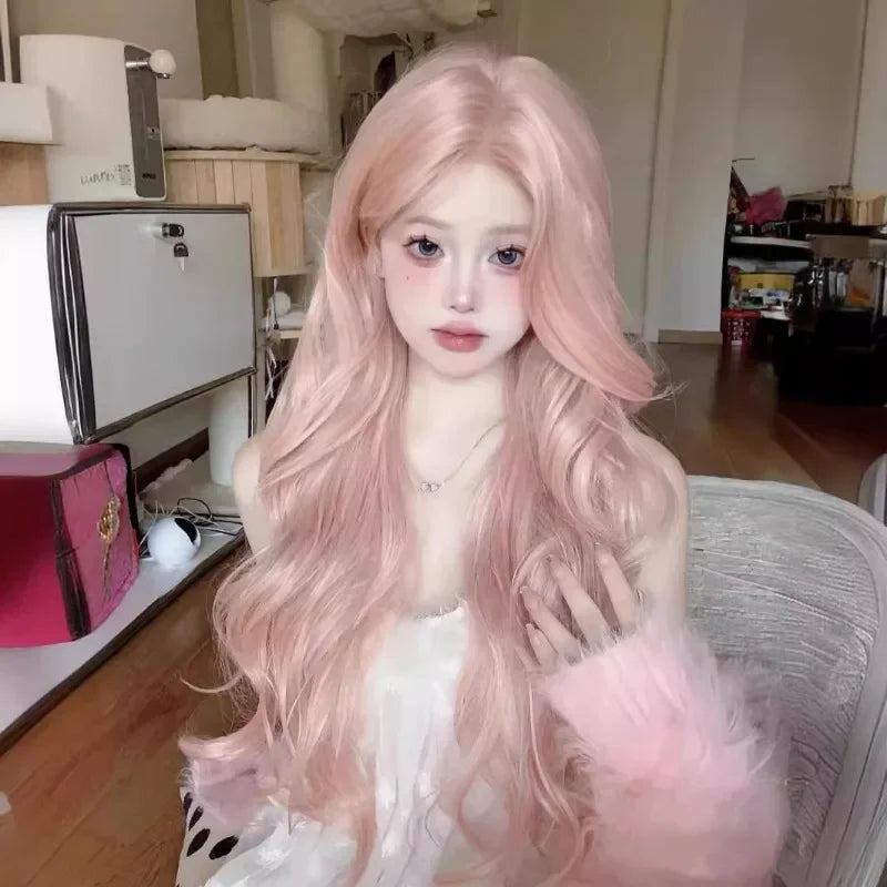 OKLULU  -  Pink Wig Long Wavy Lace Front Lolita Cosplay Wigs for Women Middle Part Hairline Natural Daily Party Wear Daily Synthetic Wig