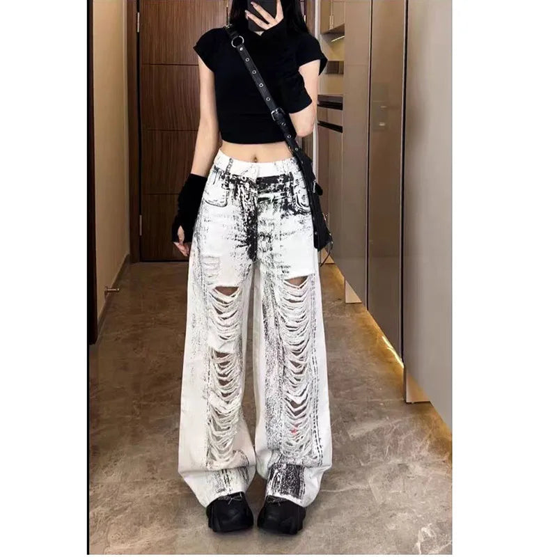 OKLULU  -  Women Grey Ripped Jeans High Waist America Feeling Street Wide Leg Pants Y2K Vintage Ins Straight Baggy Plus Size Denim Trousers