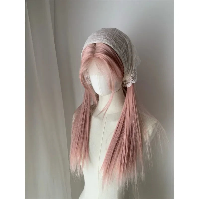 OKLULU  -  Pink Wig Long Straight Lace Front wigs for Woman Nature Synthetic Lace Wigs for Cosplay Daily Use Heat Resistant headband wig