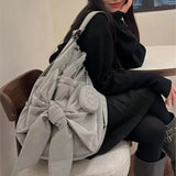 OKLULU  -  Hot Girls Nylon Grey Handbag Y2k Women Retro Bow Large Capacity Casual Backpack Female Sweet Cool Backapcks Aesthetic