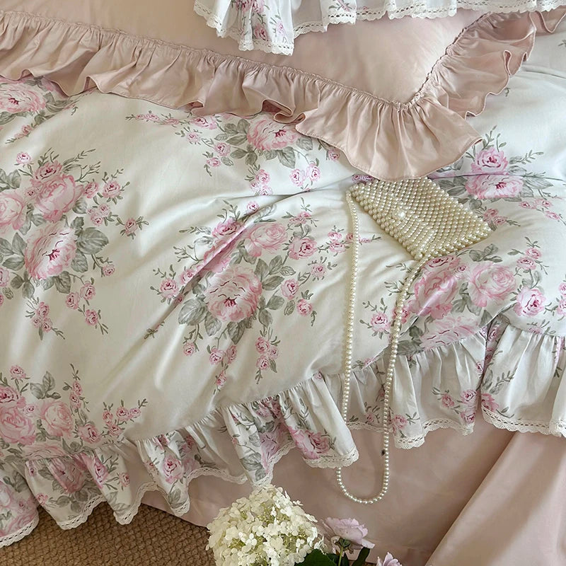 Luxury Vintage French Rose Flowers Print Lace Ruffles Bedding Set 1000TC Egyptian Cotton Duvet Cover Set Bed Sheet Pillowcases