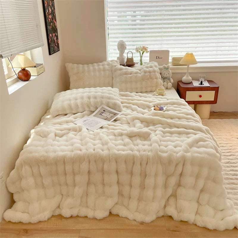 Luxury Faux Fur Velvet Fleece Blanket Winter Blanket Throw Double Layer Warm Cashmere Coral Faux Rabbit Fur Bed Sheet