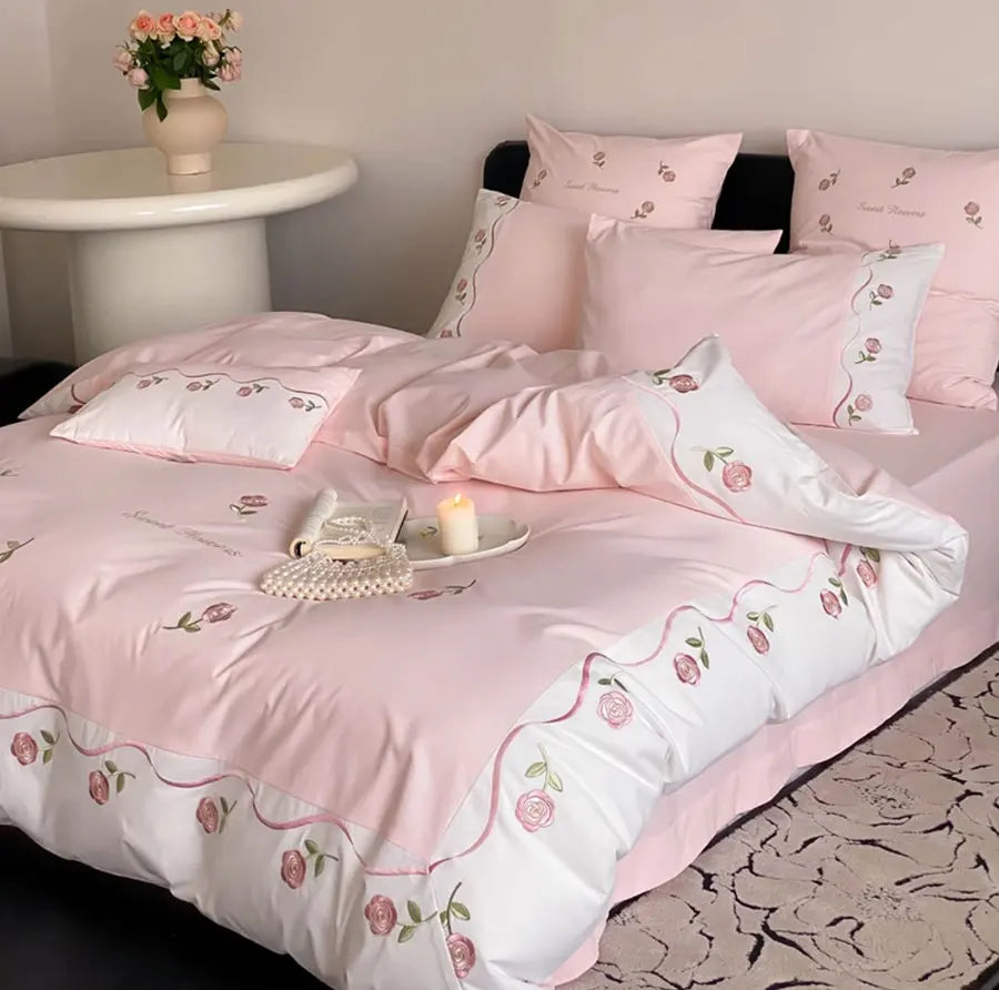 OKLULU  -  Romantic pink embroidery rose bed set single double,twin full queen king cotton home textile bed sheet pillow case quilt cover