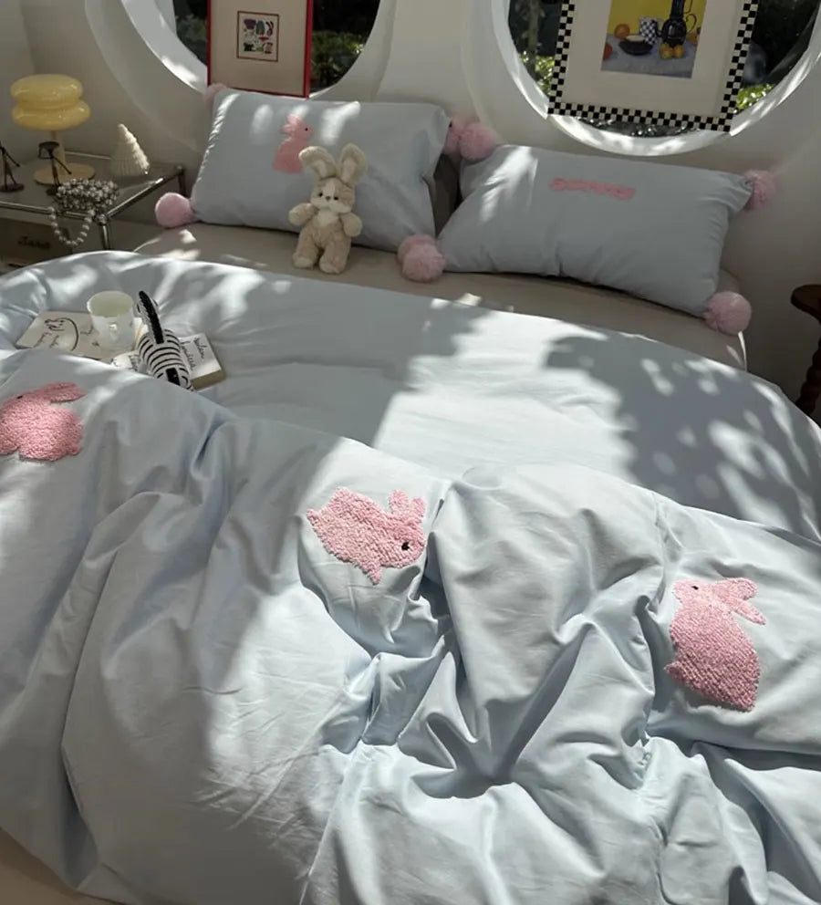 OKLULU  -  Cute towel embroidery rabbit blue pink bedding set,full queen king sand cotton home textile bed sheet pillow case quilt cover