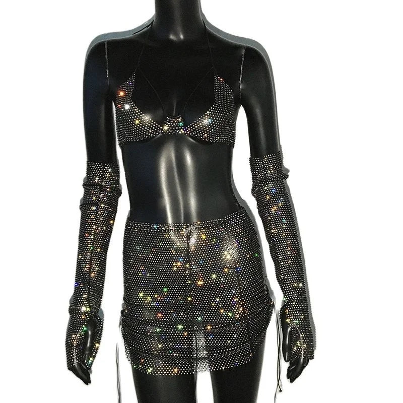 Oklulu Glitter Rhinestone 3 PCS Set Women See Through Backless Crop Top With Party Mini Skirt And Shiny Sleeve Rave Festival Outfits