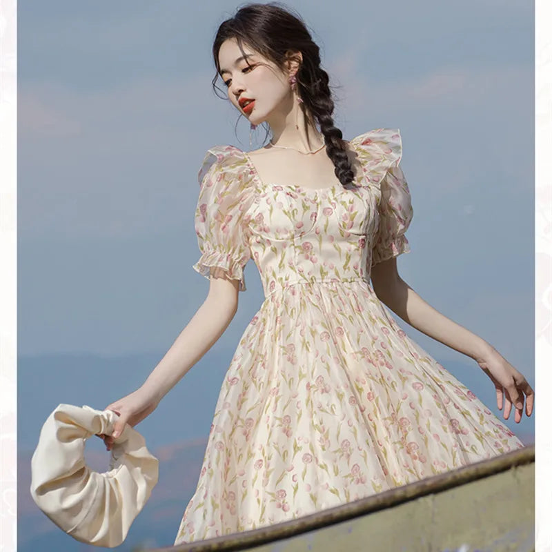 OKLULU  -  French Style Fairy Dresses for Women Print Ruffle Square Neck Elegant Dress Summer Female Puff Sleeve Flower Retro Vestidos Lady