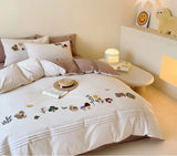 OKLULU  -  Cute cartoon embroidery squirrel rabbit bear bedding set,full queen king cotton home textile bed sheet pillow case duvet cover