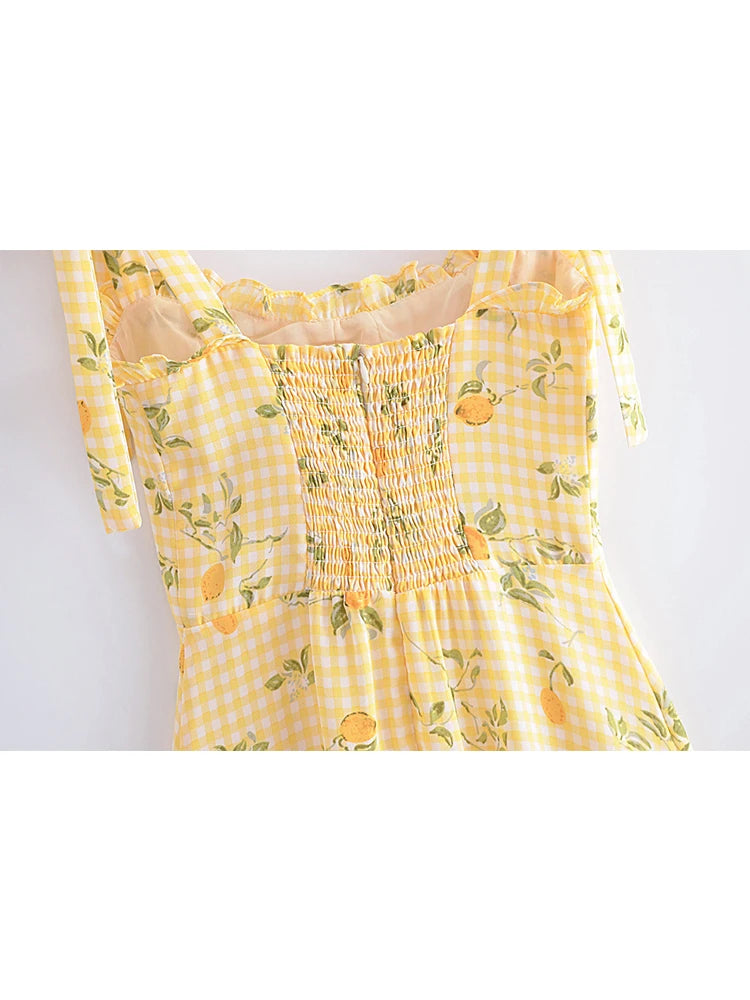 Oklulu Women Plaid Lemon Print Yellow Sling Short Dress Vintage Ladies Summer A-line Chiffon Dress French Style Vestido