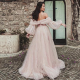 Oklulu  Pink Shiny Tulle Prom Dresses Off The Shoulder Long Puff Sleeve Evening Party Gowns Slit Women Arabia Wedding Dress