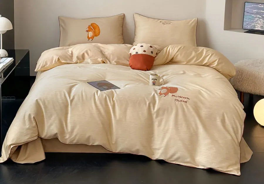 OKLULU  -  Cute embroidery squirrel bedding set double,full queen king lovely 100s cotton home textile bed sheet pillow case duvet cover