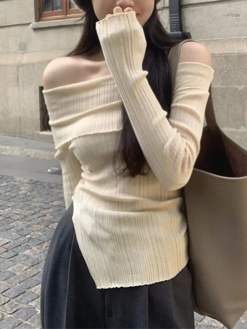 Oklulu Off Shoulder Pullover Women Autumn Long Sleeve Knitted Tops Female Slim Slash Neck Knitwear Ladies Korean Style Thin Pullovers