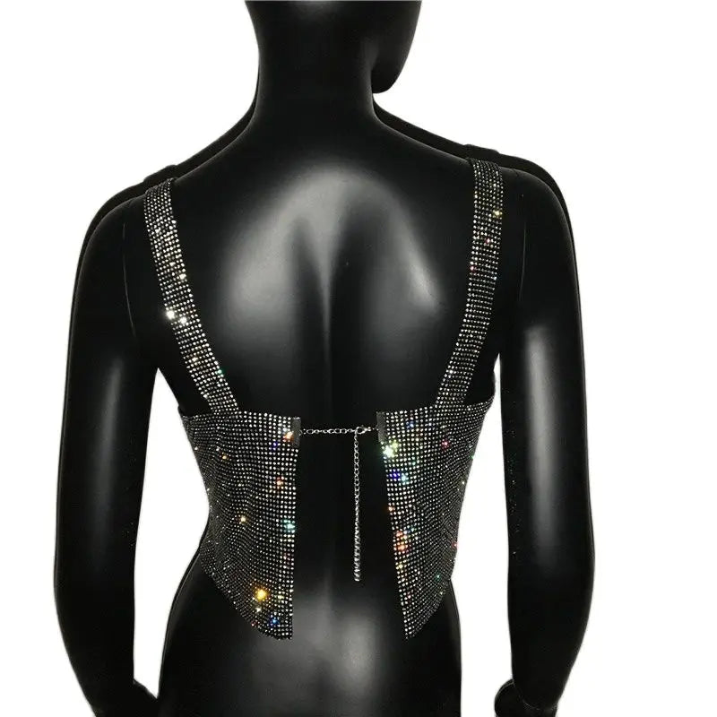 Oklulu  Glitter Nightclub Backless Rhinestone Tank Top Women Sexy Metal Crystal Diamonds Sequined Night Club Party Wear Crop Top